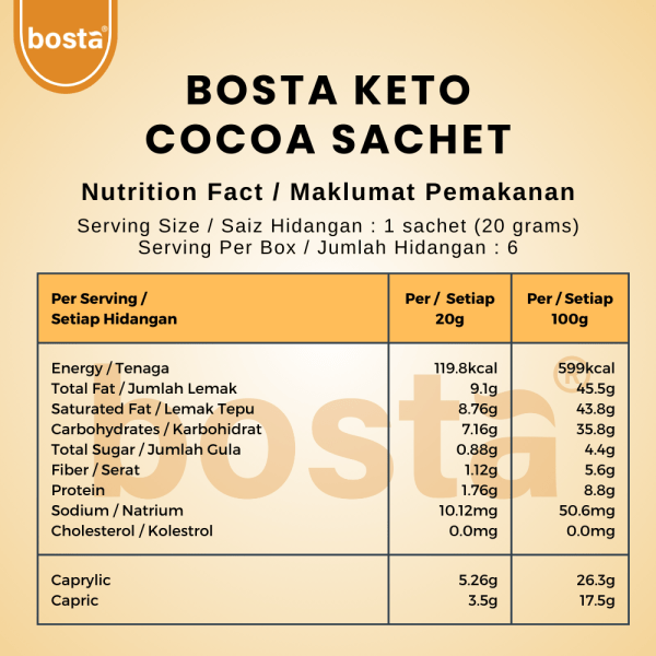 Bosta Keto Cocoa Sachet Nutrition Facts